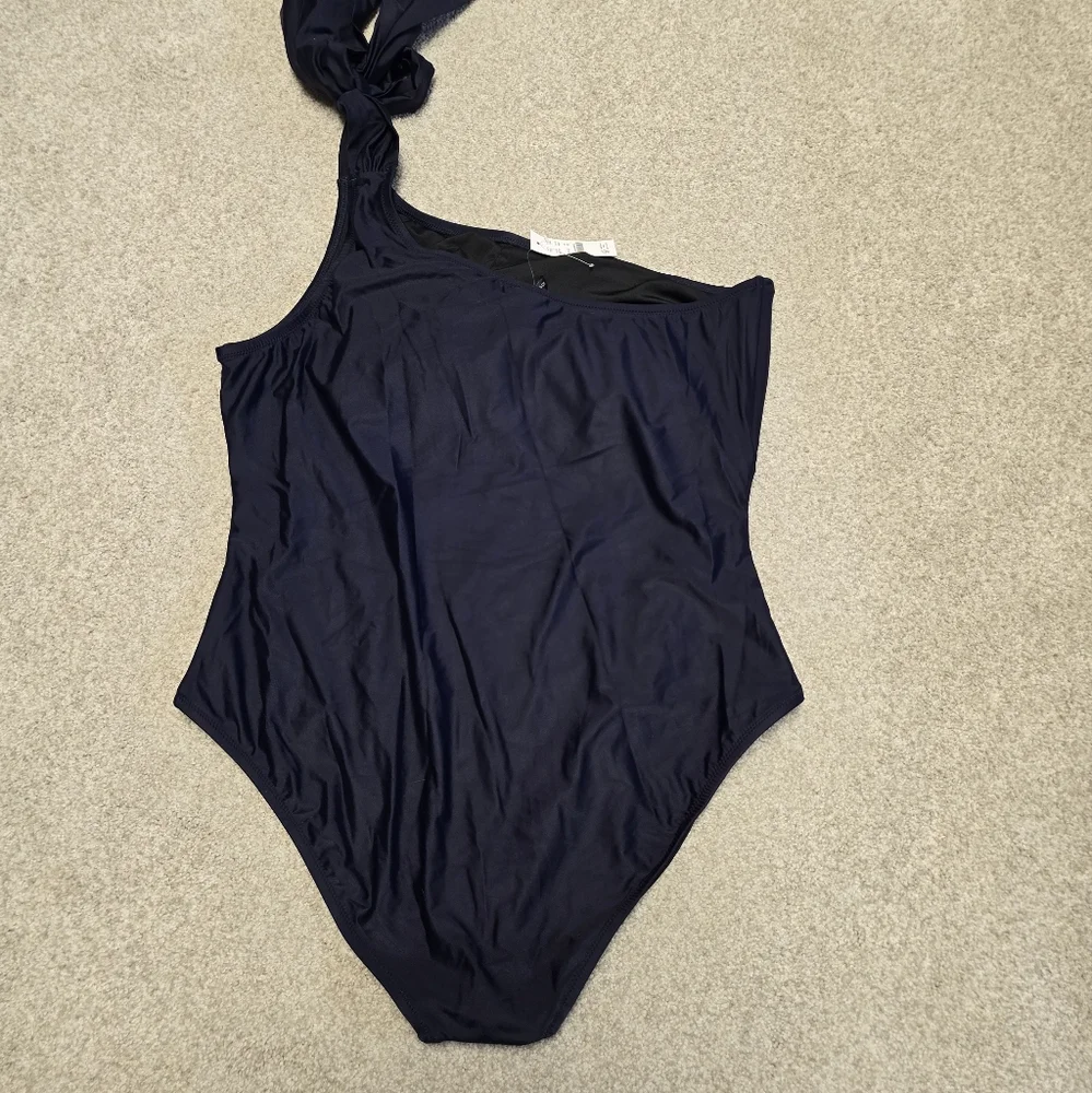 NWT J. Crew Navy Blue Bow Tie‎ One Shoulder One-Piece Swimsuit Size 20